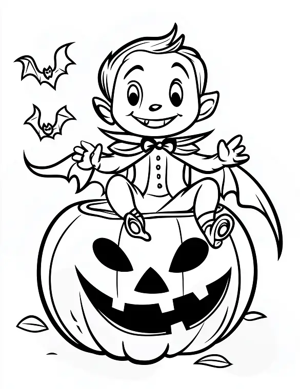 Whimsical Vampire Character Sitting On a Pumpkin Coloring Page by Mindset Flow