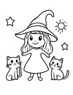 Whimsical Witch with Black Cats Halloween Coloring Page by Mindset Flow