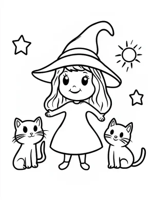 Whimsical Witch with Black Cats Halloween Coloring Page by Mindset Flow