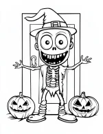 Wicked Zombie Skeleton in a Witch Hat with Pumpkins Coloring Page by Mindset Flow