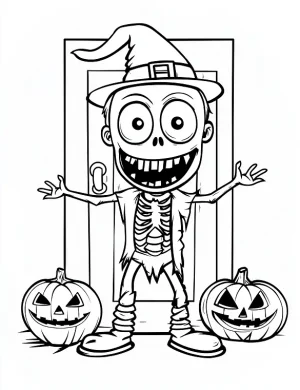 Wicked Zombie Skeleton in a Witch Hat with Pumpkins Coloring Page by Mindset Flow