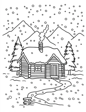 Winter Cabin in Snowy Mountain Landscape Coloring Page By Mindset Flow