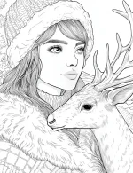 Winter Girl Holding Deer Adult Coloring Page By Mindset Flow