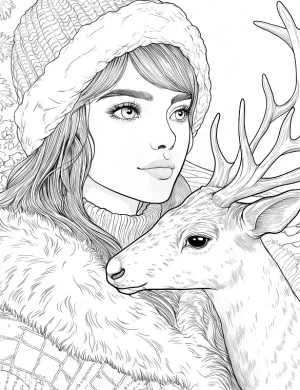 Winter Girl Holding Deer Adult Coloring Page By Mindset Flow