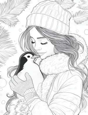 Winter Girl Holding Penguin Adult Coloring Page By Mindset Flow