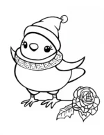 Winter Penguin with Rose Flower Coloring Page By Mindset Flow