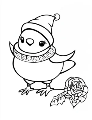 Winter Penguin with Rose Flower Coloring Page By Mindset Flow