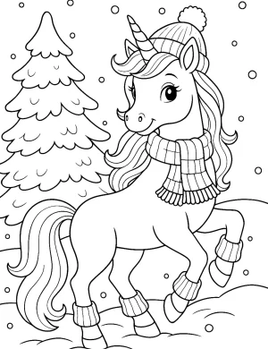 Winter Unicorn Playing in Snow with Scarf and Hat Coloring Page
