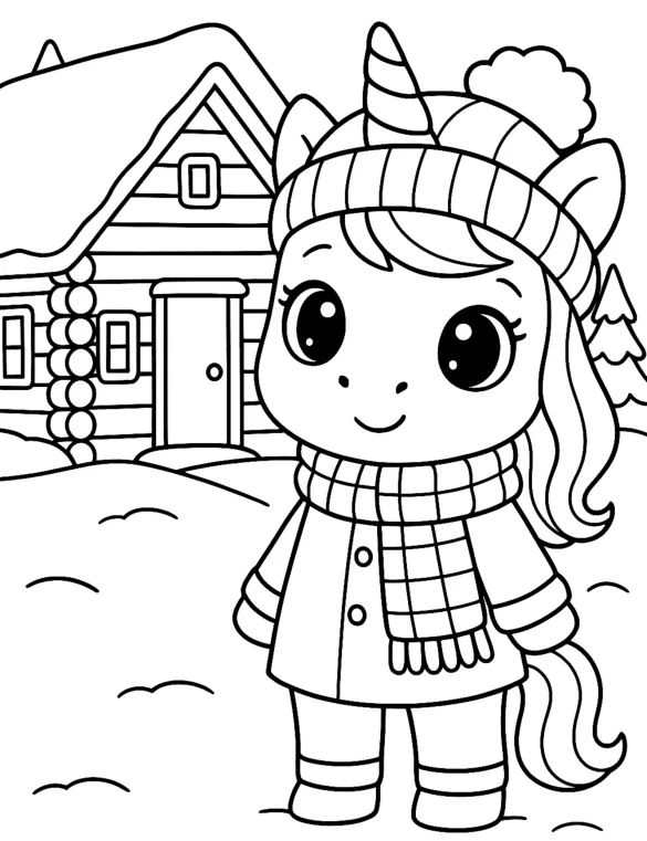 Winter Unicorn in Front of Cozy Cabin with Snowy Background Coloring Page