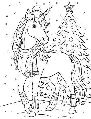 Winter Unicorn with Christmas Tree and Scarf in Snowy Scene Coloring Page