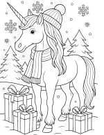 Winter Unicorn with Gifts and Snowflakes in Snowy Forest Scene Coloring Page