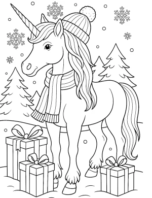 Winter Unicorn with Gifts and Snowflakes in Snowy Forest Scene Coloring Page