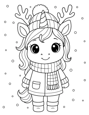Winter Unicorn with Reindeer Antlers and Cozy Scarf in Snowy Scene Coloring Page