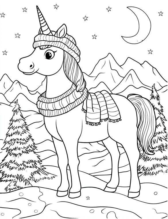 Winter Unicorn with Scarf and Hat in Snowy Mountain Scene Coloring Page