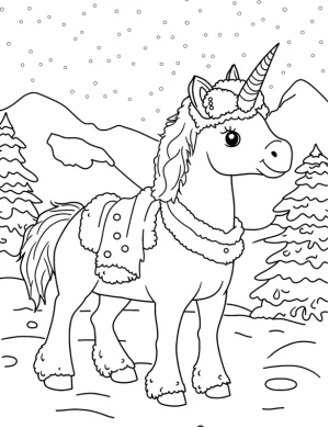 Winter Unicorn with Scarf and Snowy Background Coloring Page