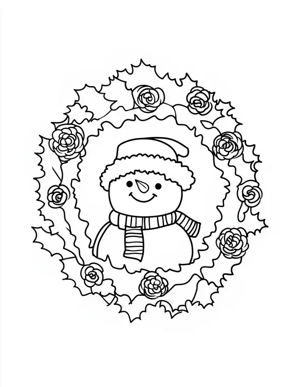 Winter Wonderland Snowman Floral Wreath Printable Coloring Page