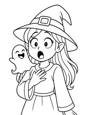 Witch And Smiling Ghost Halloween Coloring Page by Mindset Flow