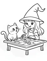 Witch Cat And Witch Playing Board Game Coloring Page by Mindset Flow