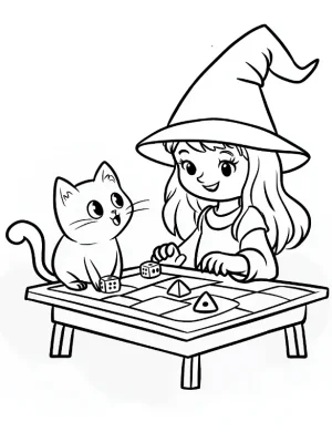 Witch Cat And Witch Playing Board Game Coloring Page by Mindset Flow