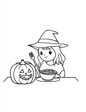 Witch Eating Pasta with Jack-O'-Lantern Halloween Coloring Page by Mindset Flow