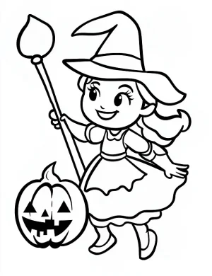 Witch Girl with Pumpkin and Magic Wand Halloween Coloring Page by Mindset Flow