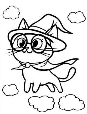 Witch Hat Flying Cat with Glasses Halloween Coloring Page By Mindset Flow