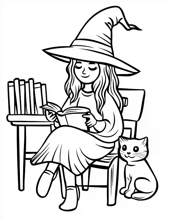 Witch Reading Book With Cat And Books Adult Coloring Page By Mindset Flow