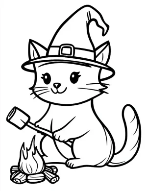 Witch’s Familiar Cat Roasting Marshmallows Coloring Page by Mindset Flow