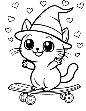 Witch’s Familiar Cat on Skateboard Halloween Coloring Page by Mindset Flow