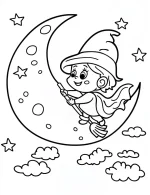 Wizard on Broomstick Around Moon Halloween Coloring Page by Mindset Flow