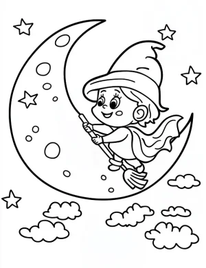Wizard on Broomstick Around Moon Halloween Coloring Page by Mindset Flow
