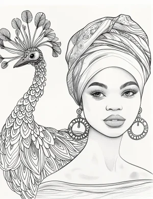 Woman With Peacock and Feathered Headdress Adult Coloring Page By Mindset Flow