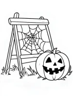 Wooden Stand with Spider Web and Pumpkin Halloween Coloring Page by Mindset Flow