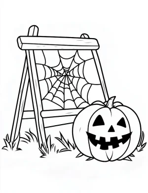Wooden Stand with Spider Web and Pumpkin Halloween Coloring Page by Mindset Flow