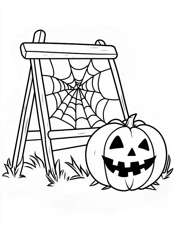 Wooden Stand with Spider Web and Pumpkin Halloween Coloring Page by Mindset Flow