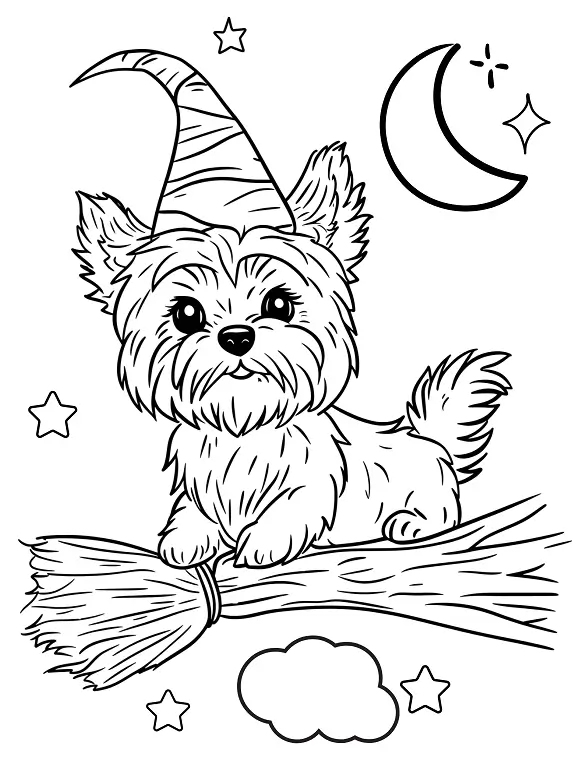 Yorkshire Terrier Witch on Broomstick Coloring Page By Mindset Flow