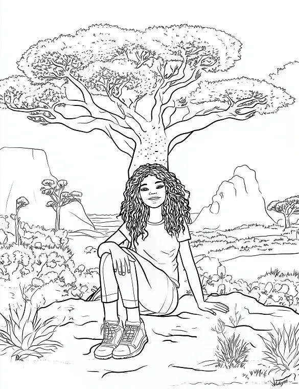 Young Girl Relaxing Under Tree Adult Coloring Page By Mindset Flow