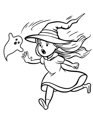 Young Witch Chasing Ghost Halloween Coloring Page by Mindset Flow