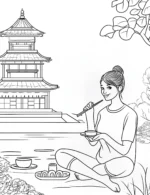 Young-Woman-Eating-Sushi-in-Japanese-Garden-Adult-Coloring-Page-By-Mindset