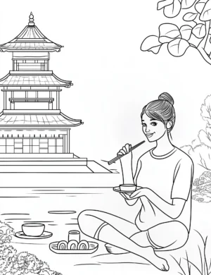 Young-Woman-Eating-Sushi-in-Japanese-Garden-Adult-Coloring-Page-By-Mindset