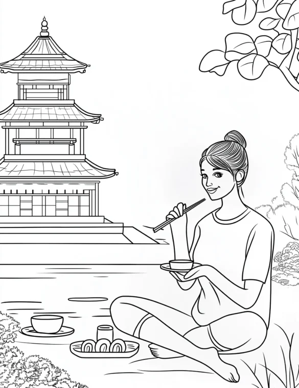 Young-Woman-Eating-Sushi-in-Japanese-Garden-Adult-Coloring-Page-By-Mindset