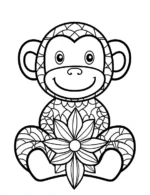 Zentangle Monkey Holding Animal Flower Coloring Page by Mindset Flow
