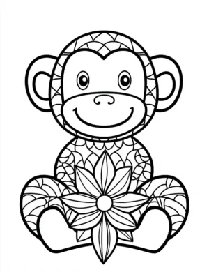 Zentangle Monkey Holding Animal Flower Coloring Page by Mindset Flow