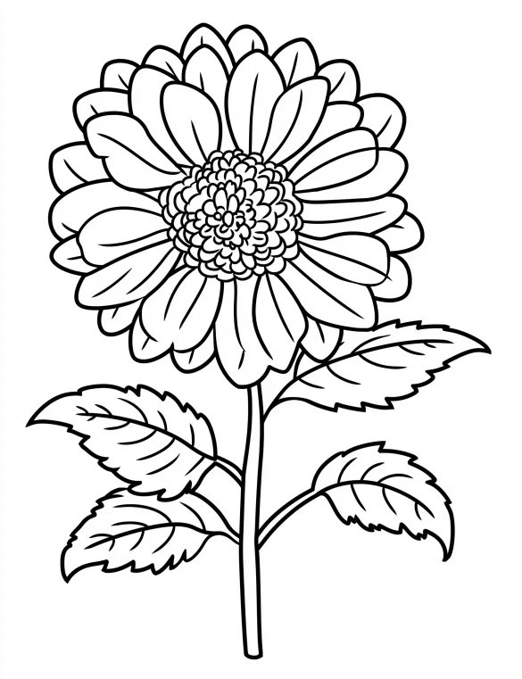 Zinnia Bloom with Leaves Coloring Page