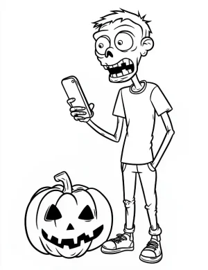 Zombie Checking Phone with Pumpkin Halloween Coloring Page by Mindset Flow