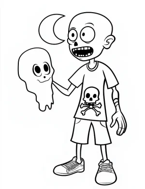 Zombie Holding Ghost with Moon Halloween Coloring Page by Mindset Flow
