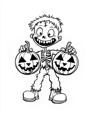 Zombie Holding Two Pumpkin Lanterns Halloween Coloring Page by Mindset Flow