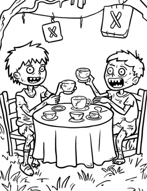 Zombie Tea Party Halloween Coloring Page by Mindset Flow