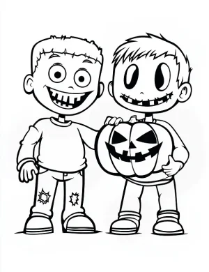 Zombie and Friend with Halloween Pumpkin Coloring Page by Mindset Flow