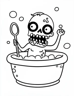 Zombie in a Bubble Bath with Cauldron Halloween Coloring Page by Mindset Flow